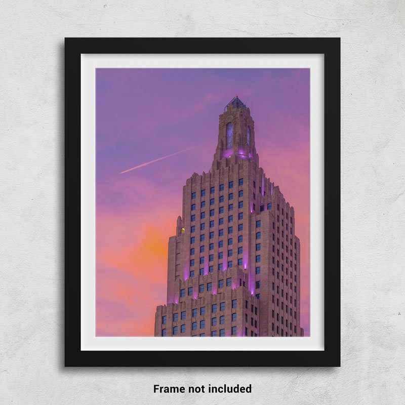 The Kansas City Power and Light building at Sunset framed on a wall