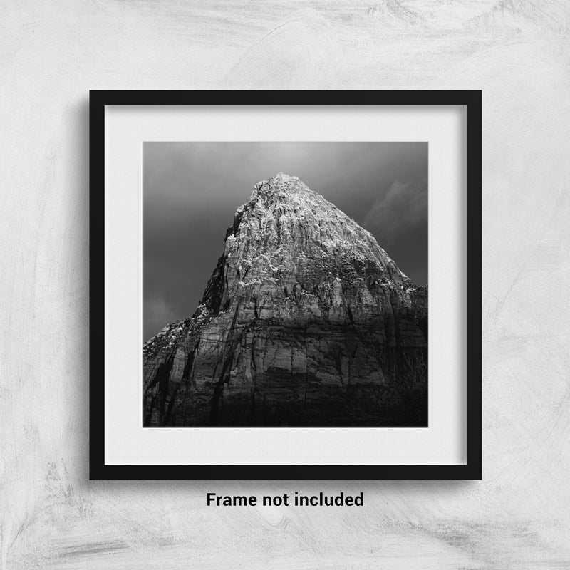 Snowcapped Mountain Peak in Zion National Park - Black and White Photo Print