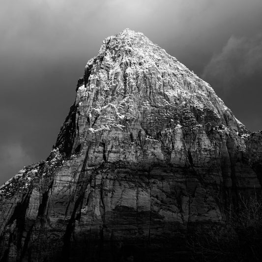 Snowcapped Mountain Peak in Zion National Park - Black and White Photo Print