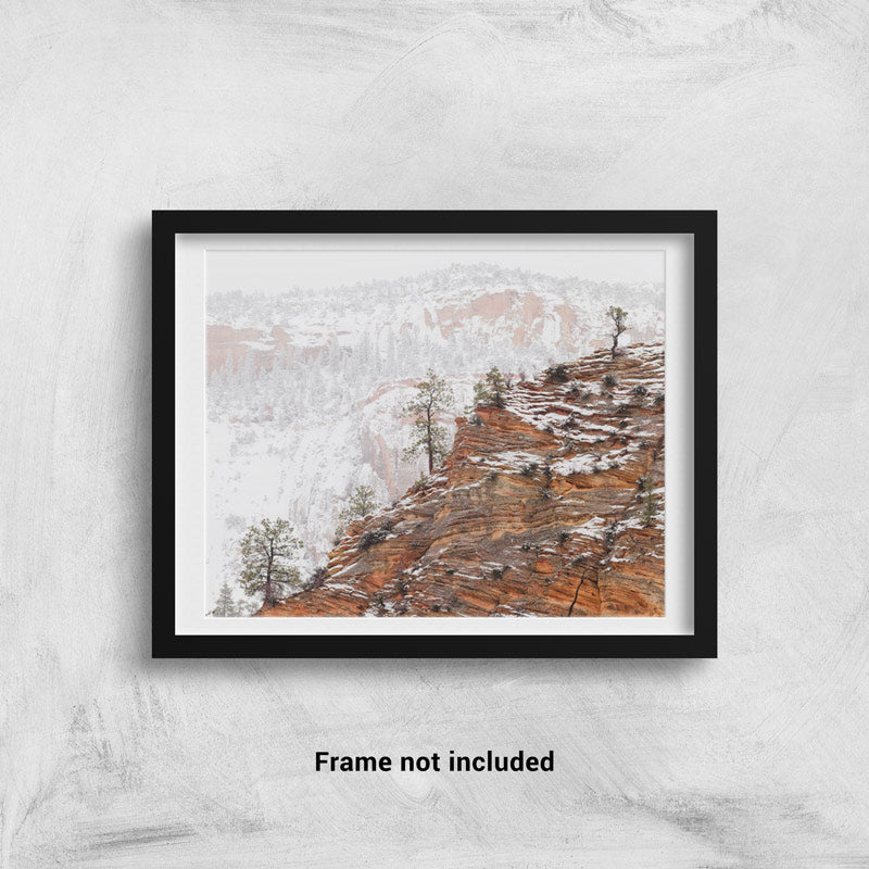 A winter scene in Zion National Park framed on a wall