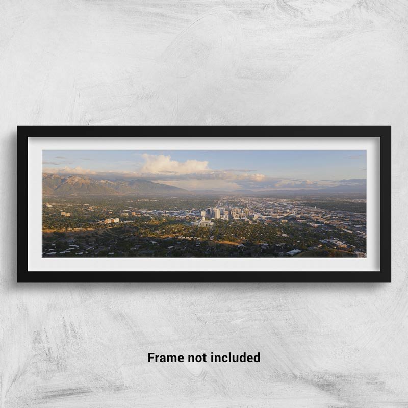 A wide panorama of the Salt Lake Valley from Ensign Peak framed on a wall